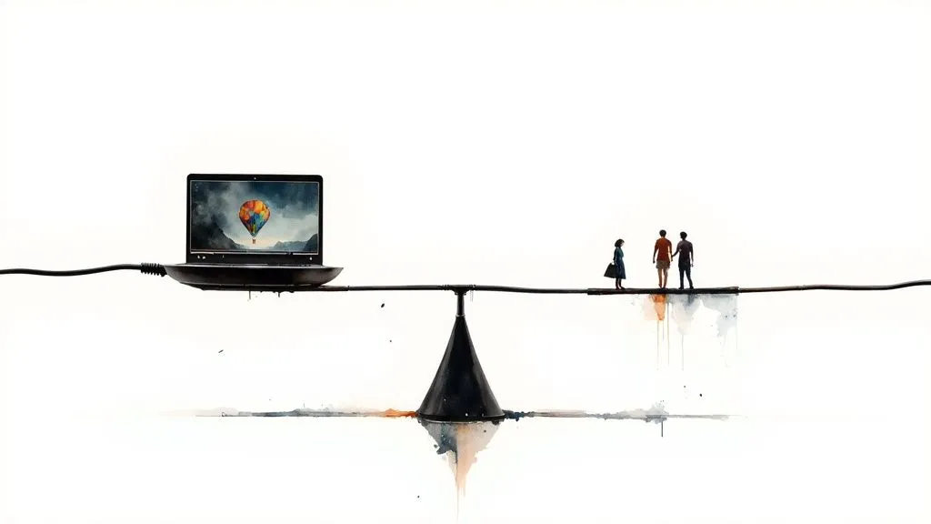 A close-up shot of a streaming interface showing a balance scale with a high-definition video icon on one side and a network signal icon on the other, representing the trade-off between quality and bandwidth.
