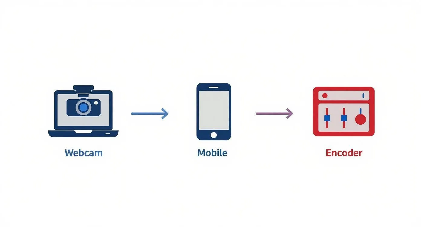 Three of the ways to go live on YouTube: a webcam on a laptop, a phone, and an encoder