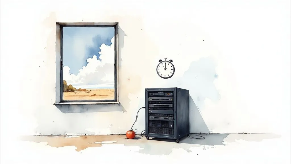 Watercolor of a server rack standing under a wall clock beside a window