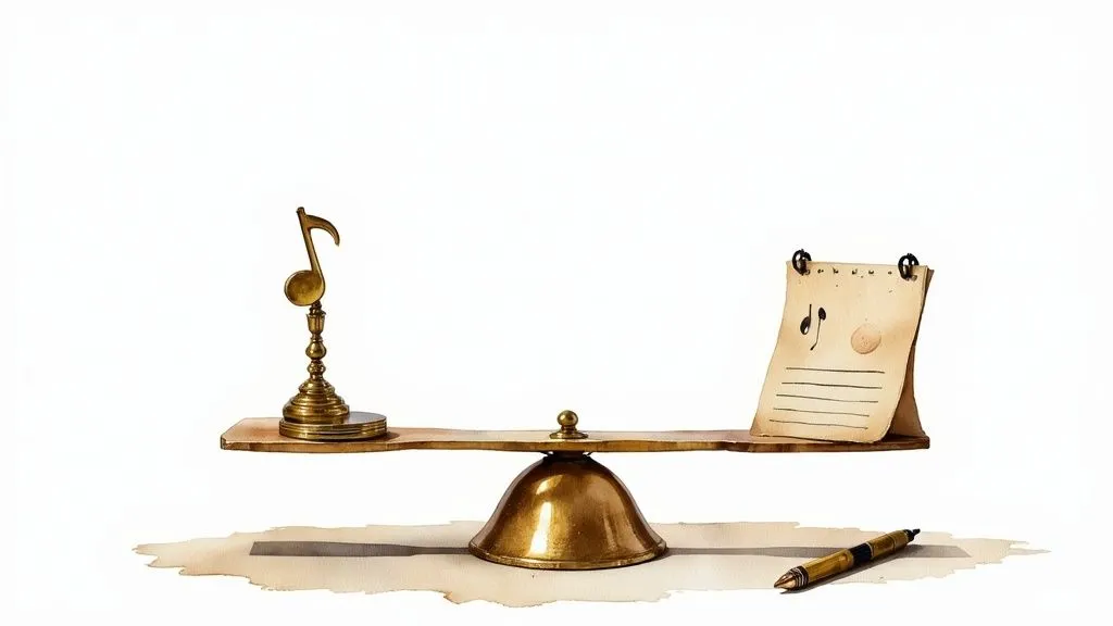 A balanced scale featuring a brass music note and a notepad with musical notes, representing creation.