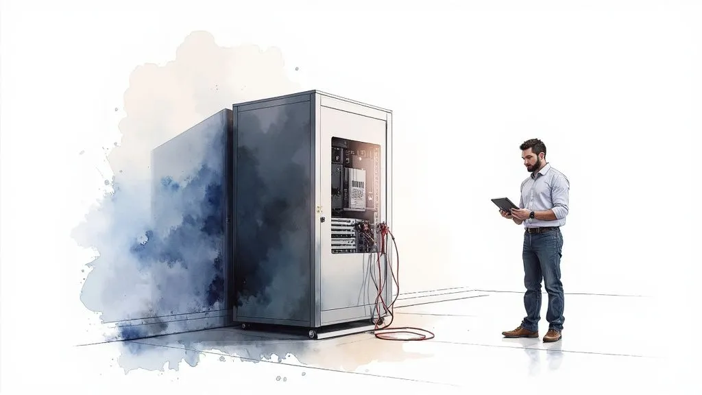 Watercolor of a man with a tablet checking an open server cabinet