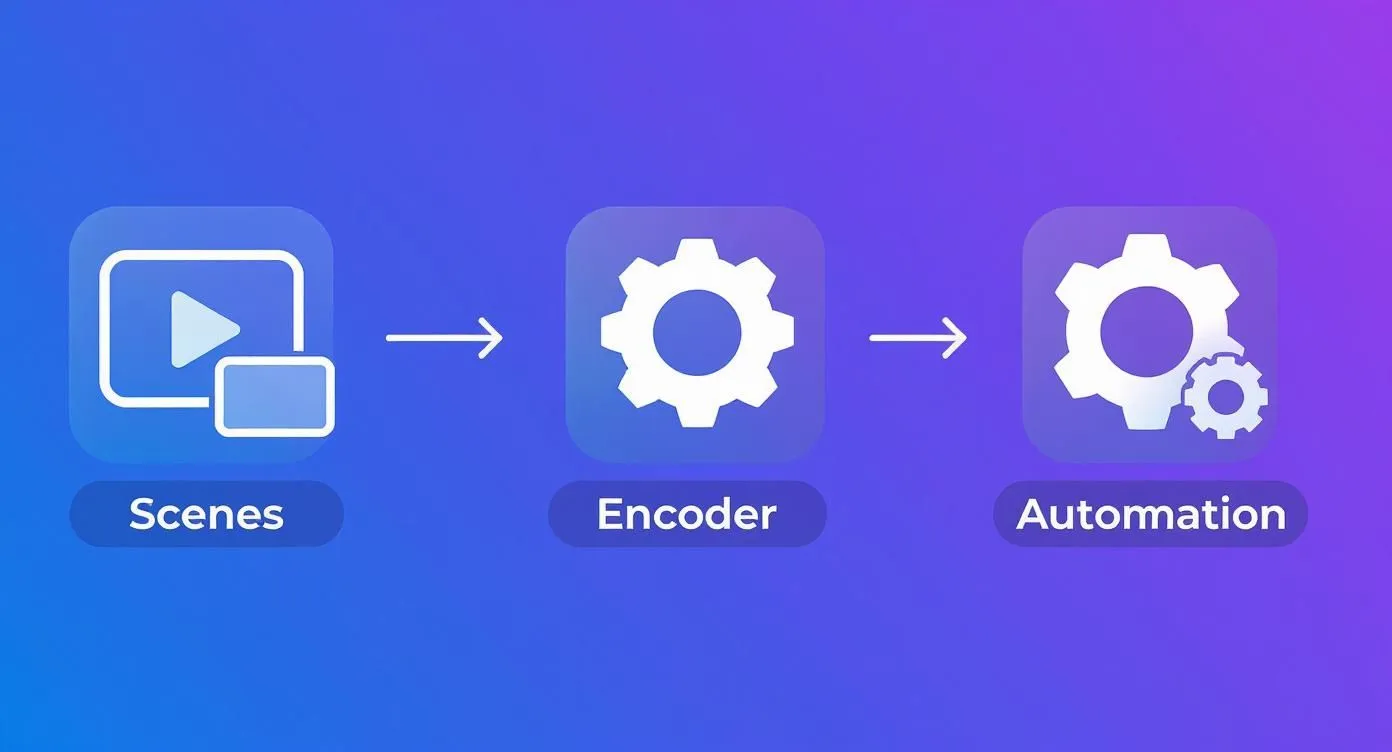 Diagram of three steps: scenes, encoder and automation
