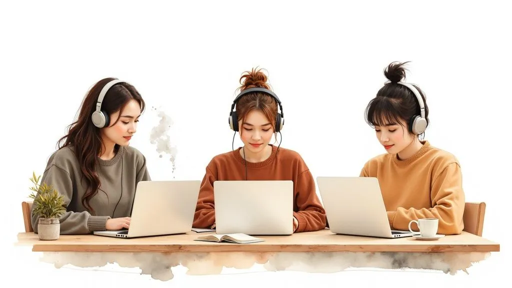 Three people with headphones study at laptops on one long desk, the way many viewers use a lofi stream.