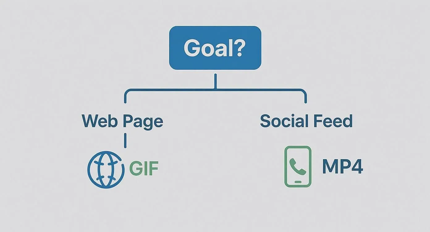 Infographic showing a decision tree for video formats. The central question 'Goal?' branches to 'Web Page,' which leads to 'GIF,' and 'Social Feed,' which leads to 'MP4.'