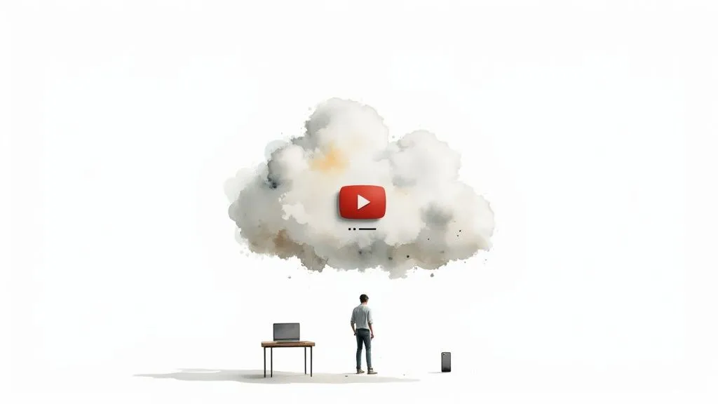 A person using a laptop with a cloud icon on the screen, representing cloud-based recording services for YouTube live streams.