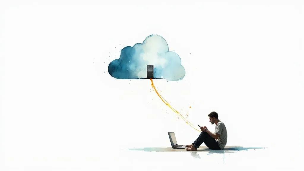 A man uses a phone and laptop, connected to a server in a watercolor cloud, depicting cloud computing.