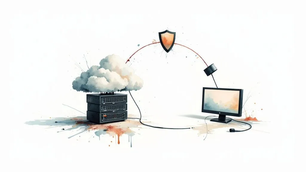 A digital illustration of a sound wave and a video timeline perfectly aligned, symbolizing audio-video sync.