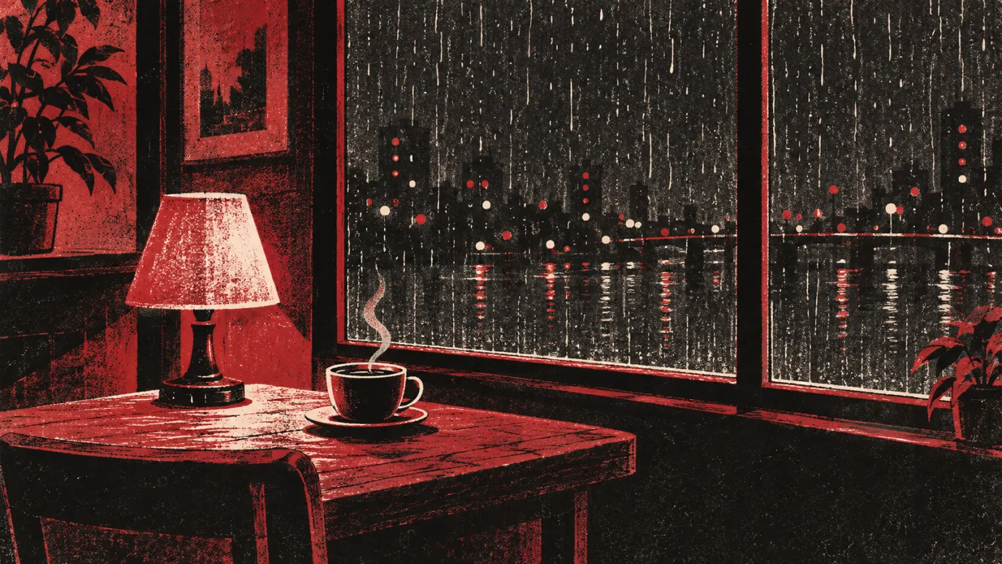 Ilustración de la ventana de un café de noche: lluvia en el vidrio, luces de la ciudad afuera, una lámpara de mesa y una taza de café.