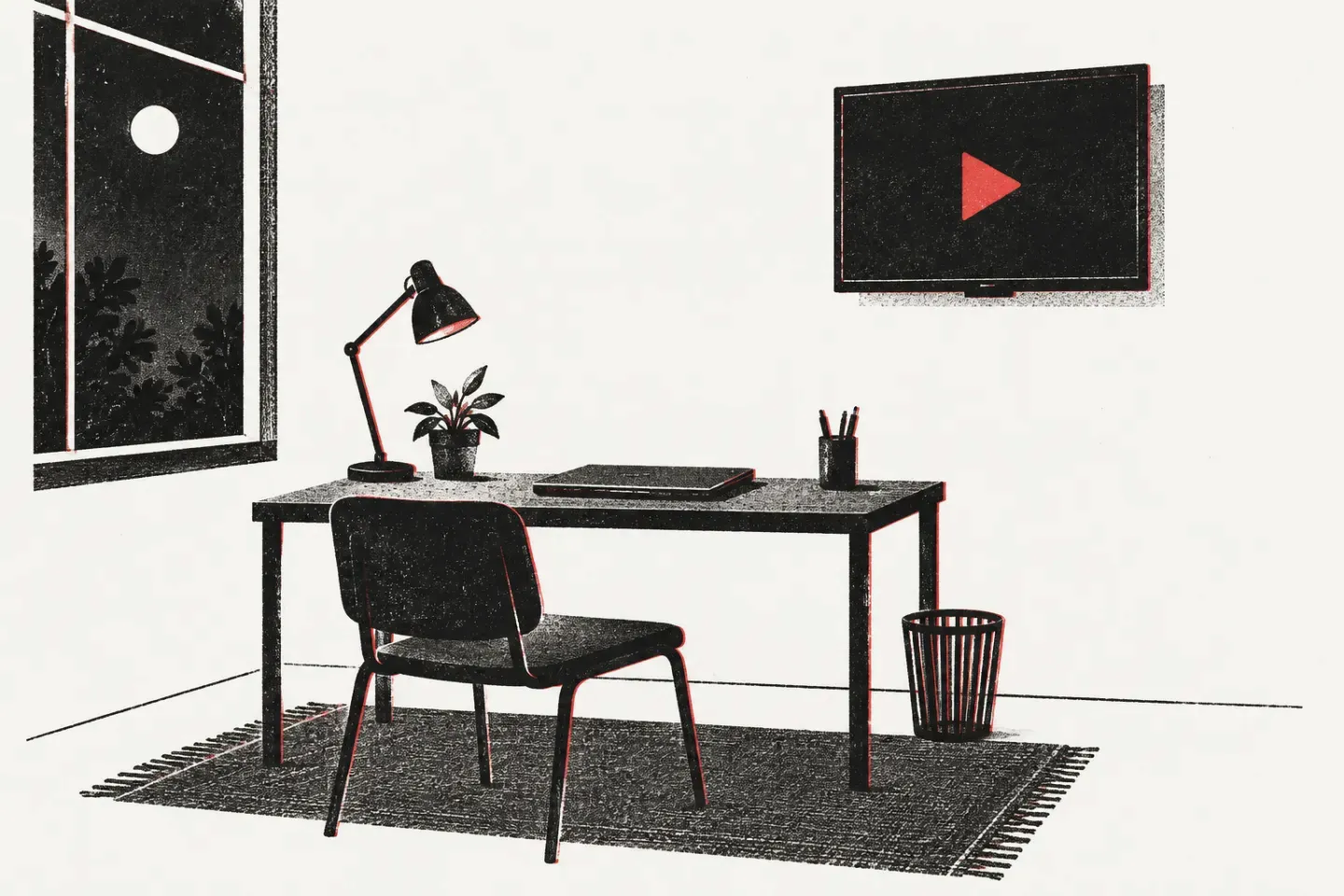 Ilustración de un escritorio vacío de noche, con una computadora portátil cerrada y una silla vacía, mientras una TV en la pared muestra un símbolo rojo de reproducción.
