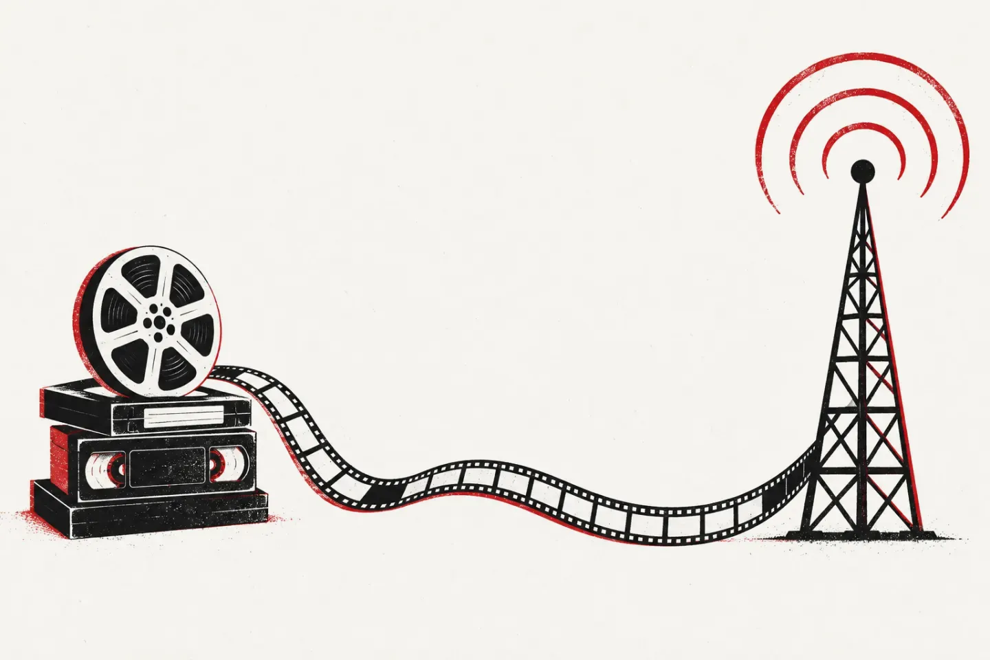 Ilustración de un rollo de película sobre una pila de videocasetes, con una tira de película que llega hasta una antena que emite ondas rojas.